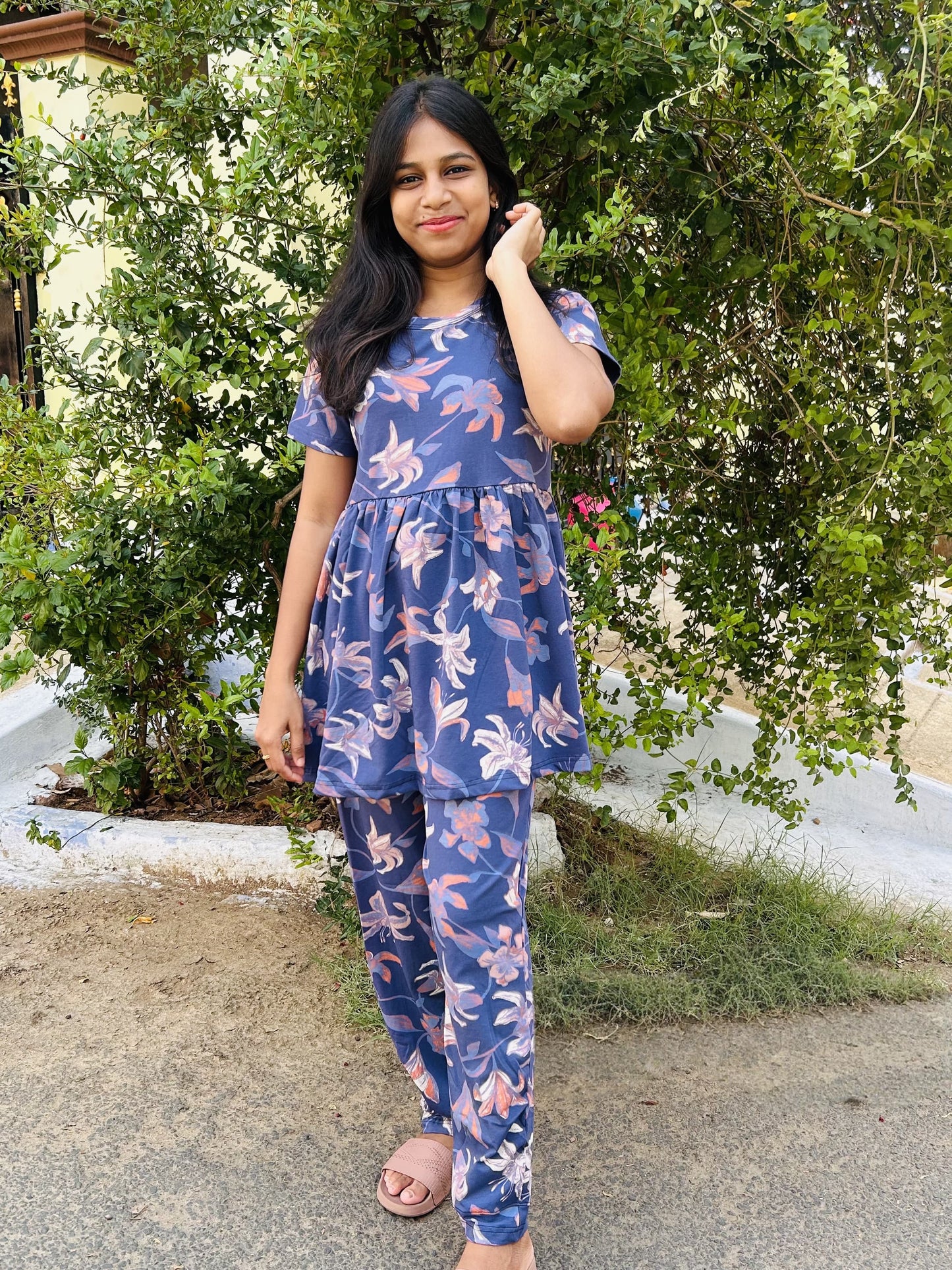 Dark Blue Flower Printed Peplum set