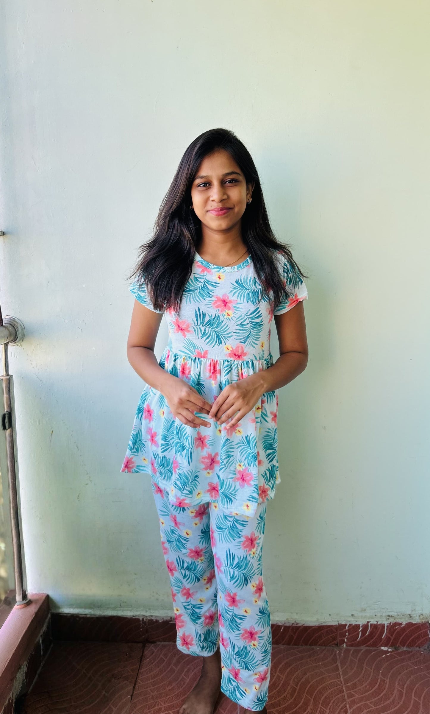 Light Blue With Red Flower Printed Peplum set
