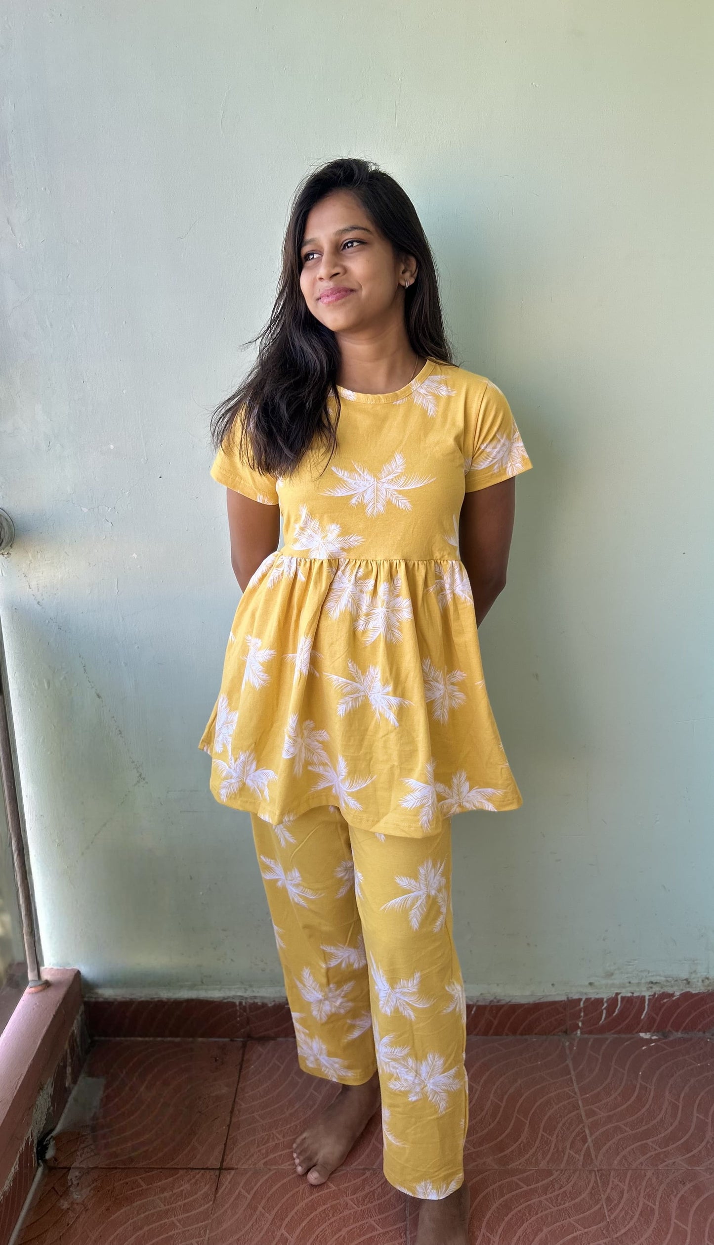 Light Yellow With Leaf Printed Peplum set