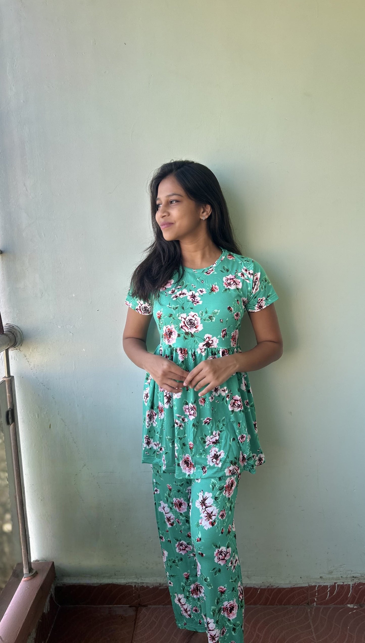 Green With Flower Printed Peplum set