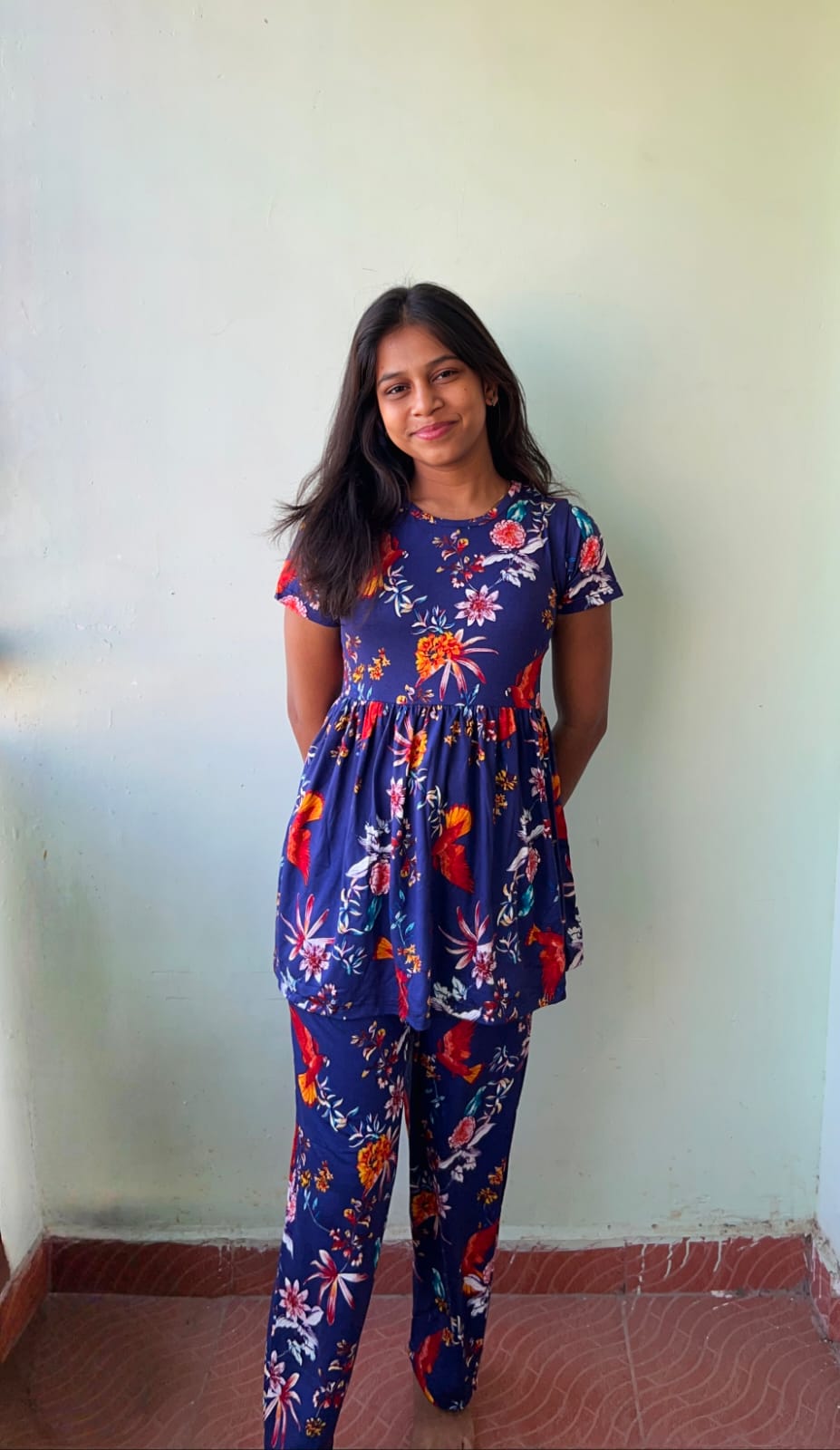 Dark Blue Peplum Flower Printed