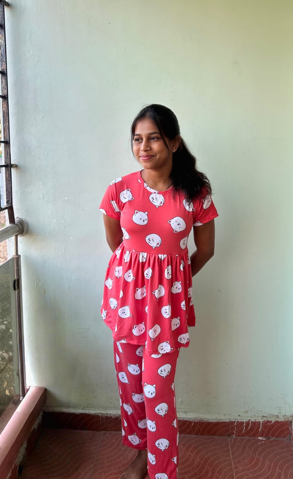 Red Peplum Cat Printed