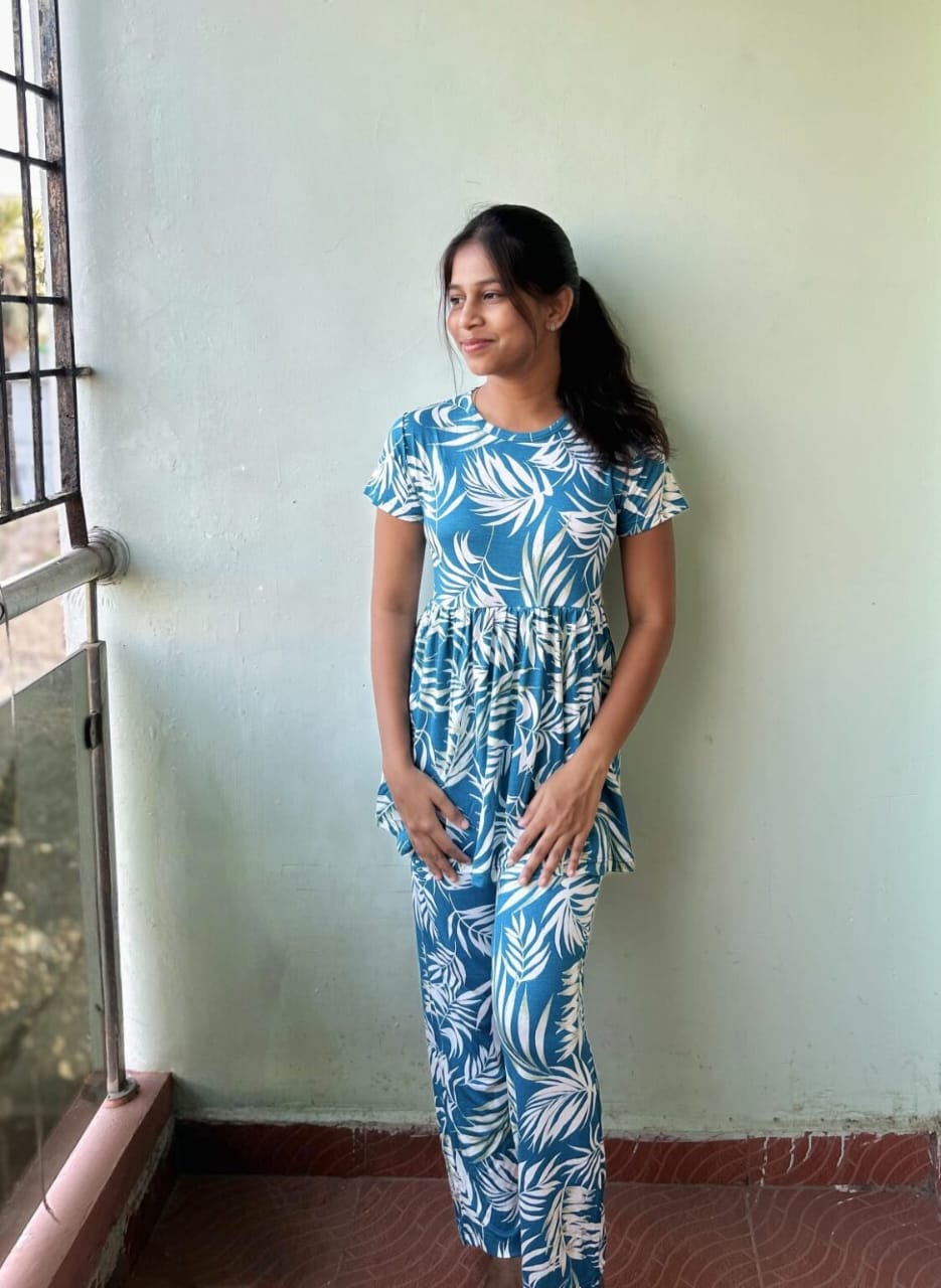 Sky Blue Leaf Printed Peplum set