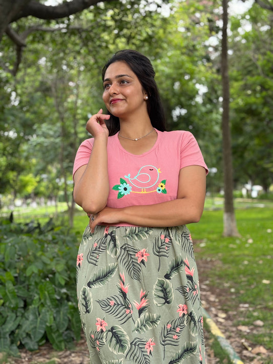 Pink with Green Dual Colour Feeding Frock