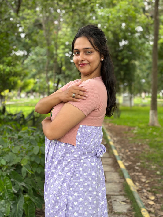 Pink With Purple Heart Dual Colour Feeding Frock