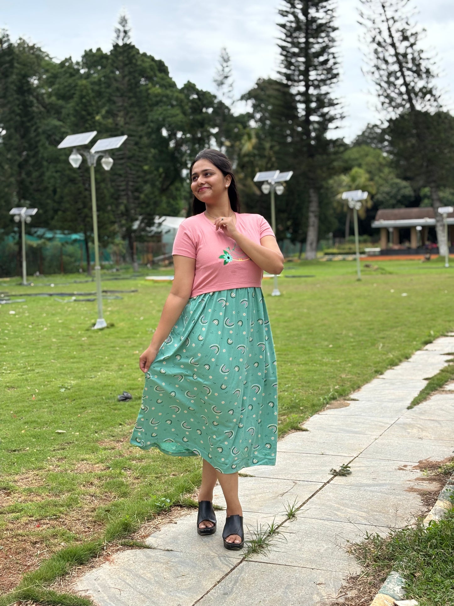 Pink With Green Graphic Dual Colour Feeding Frock