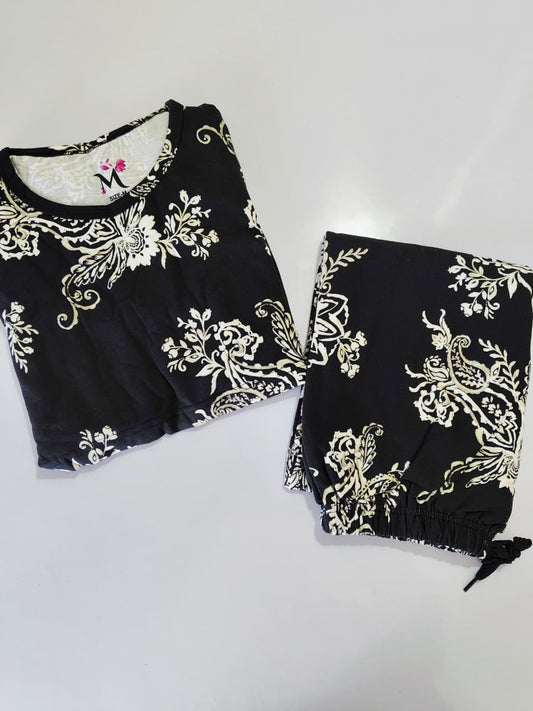 Black Flower Print Feeding Peplum Sets