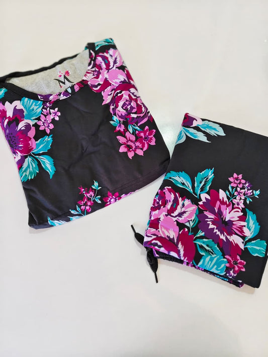 Black With Purple Flower Feeding Peplum Sets