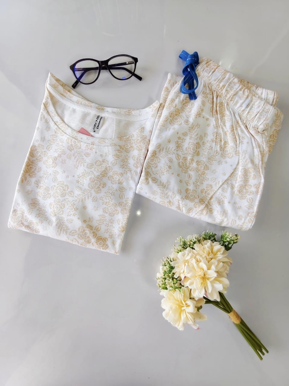 White Golden Flower Womens Co Ord Set
