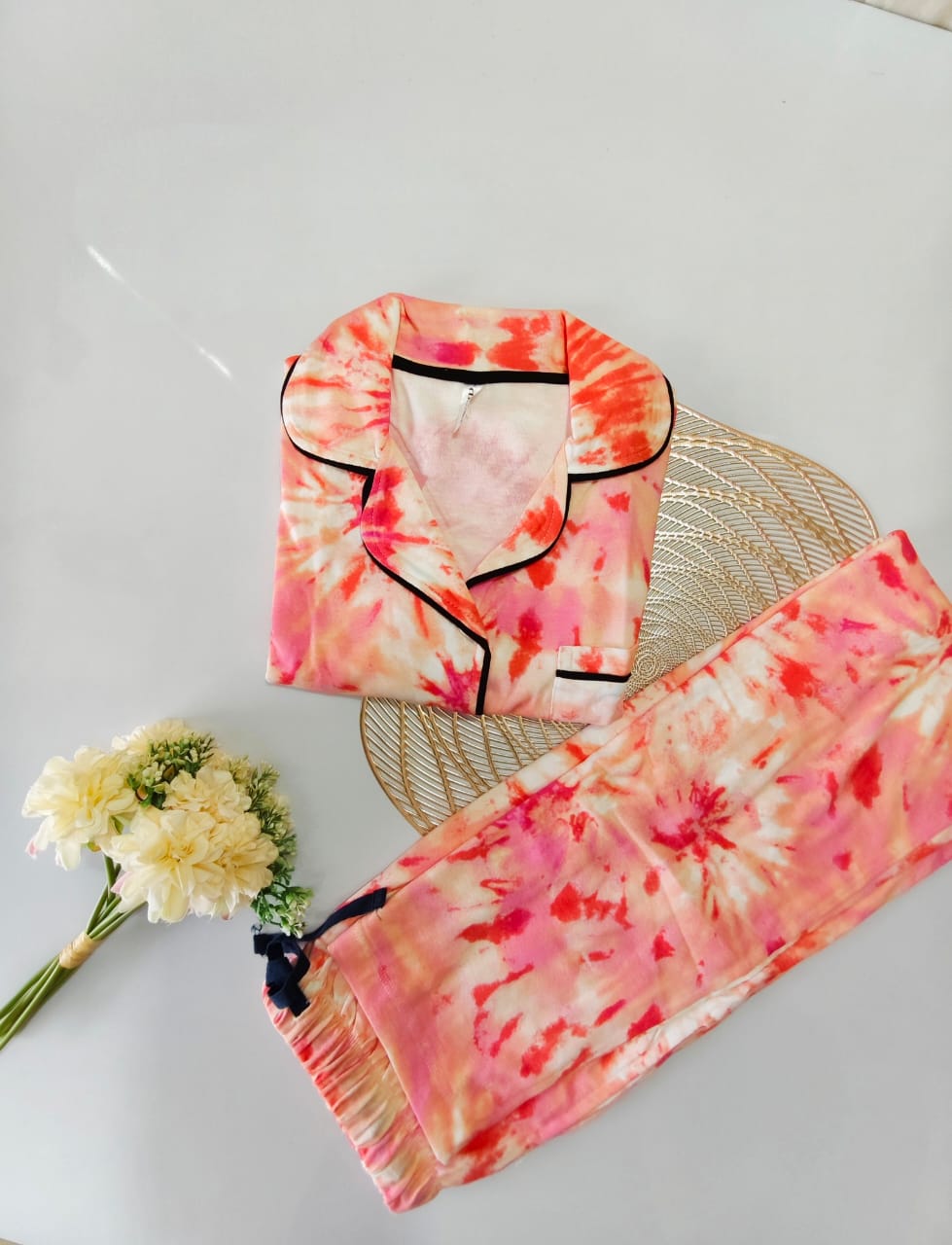 Orange Tie And Dye Collar Night Suit