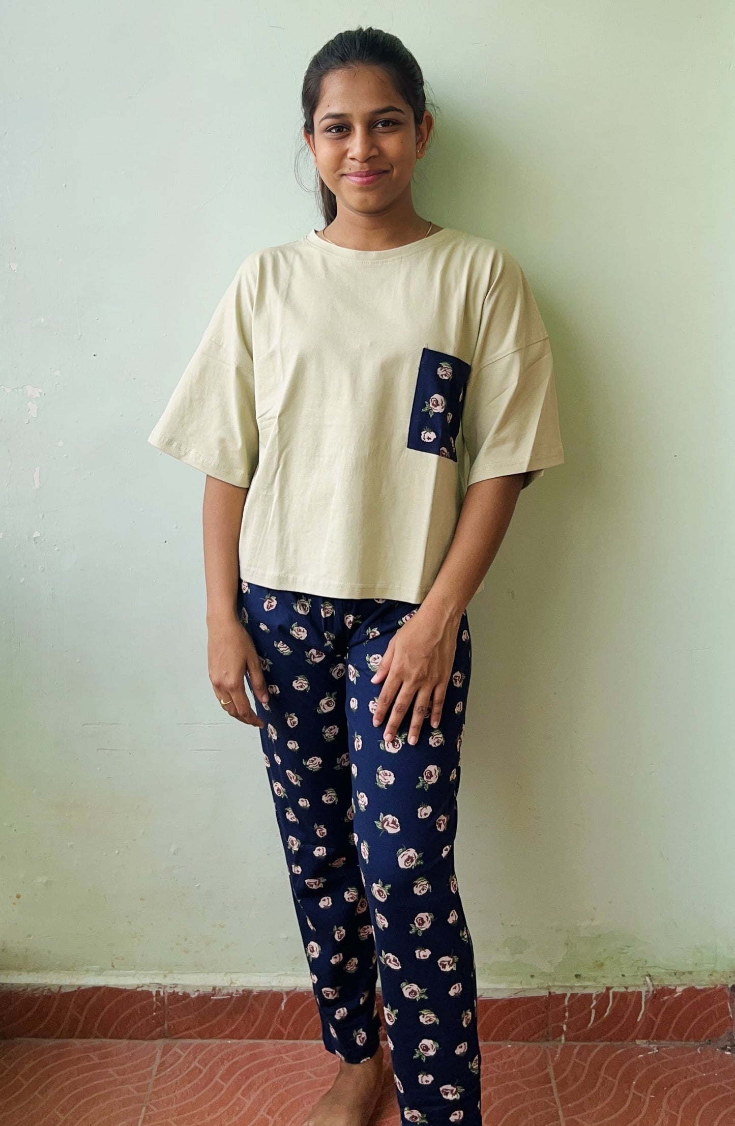 Sandal With Blue Pattern Pant Pocket Night Dress