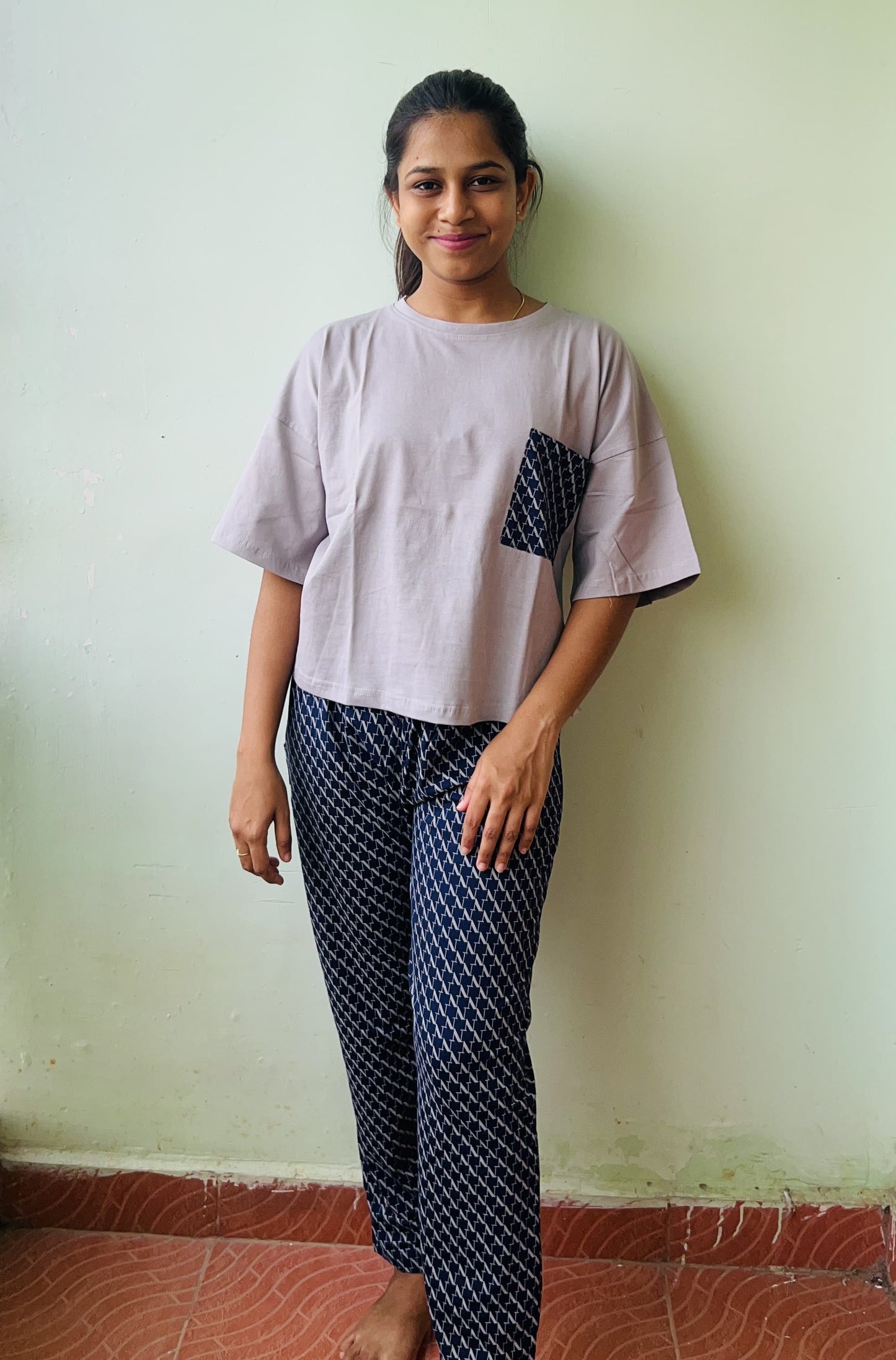 Light Grey With Blue Pant Pocket Night Dress