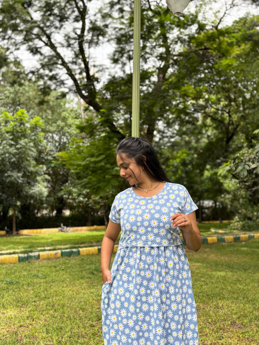 Blue Flower Stylish Feeding Frock With ( Inner V Type Feeding )