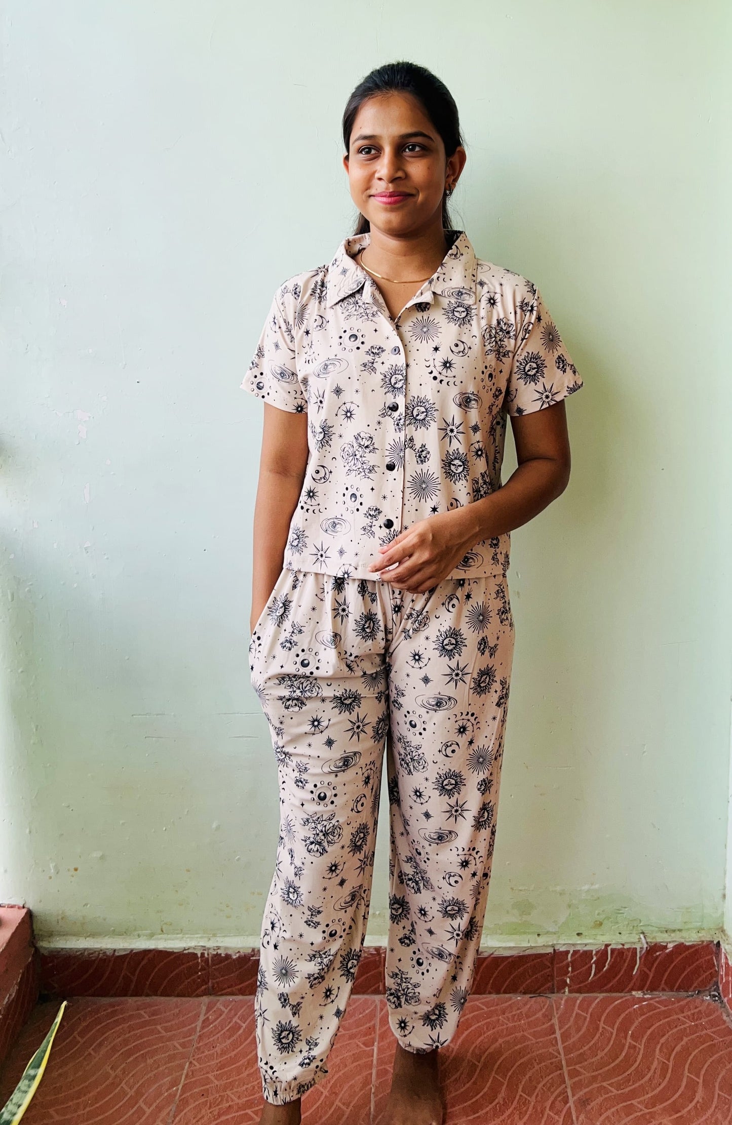 Baby Cotton Sandal Sun And Moon Collar Night Dress With Joggers Pant