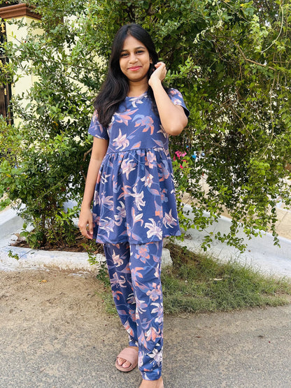 Dark Blue Flower Printed Peplum set
