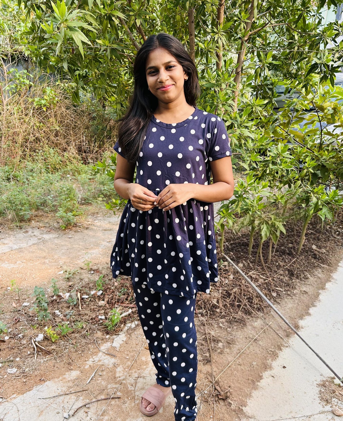 Dark Blue Dot Printed Peplum Set