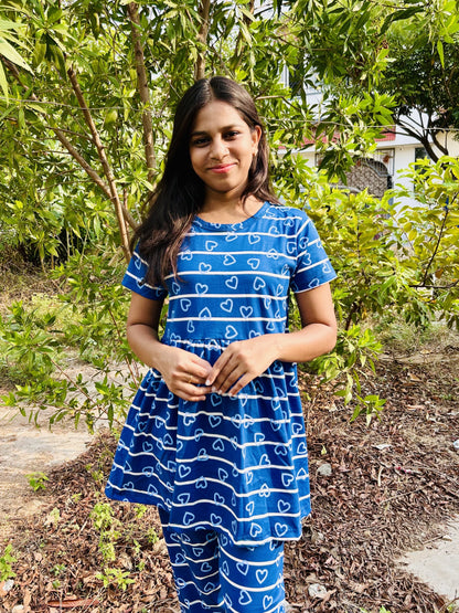 Blue Peplum Heart Printed