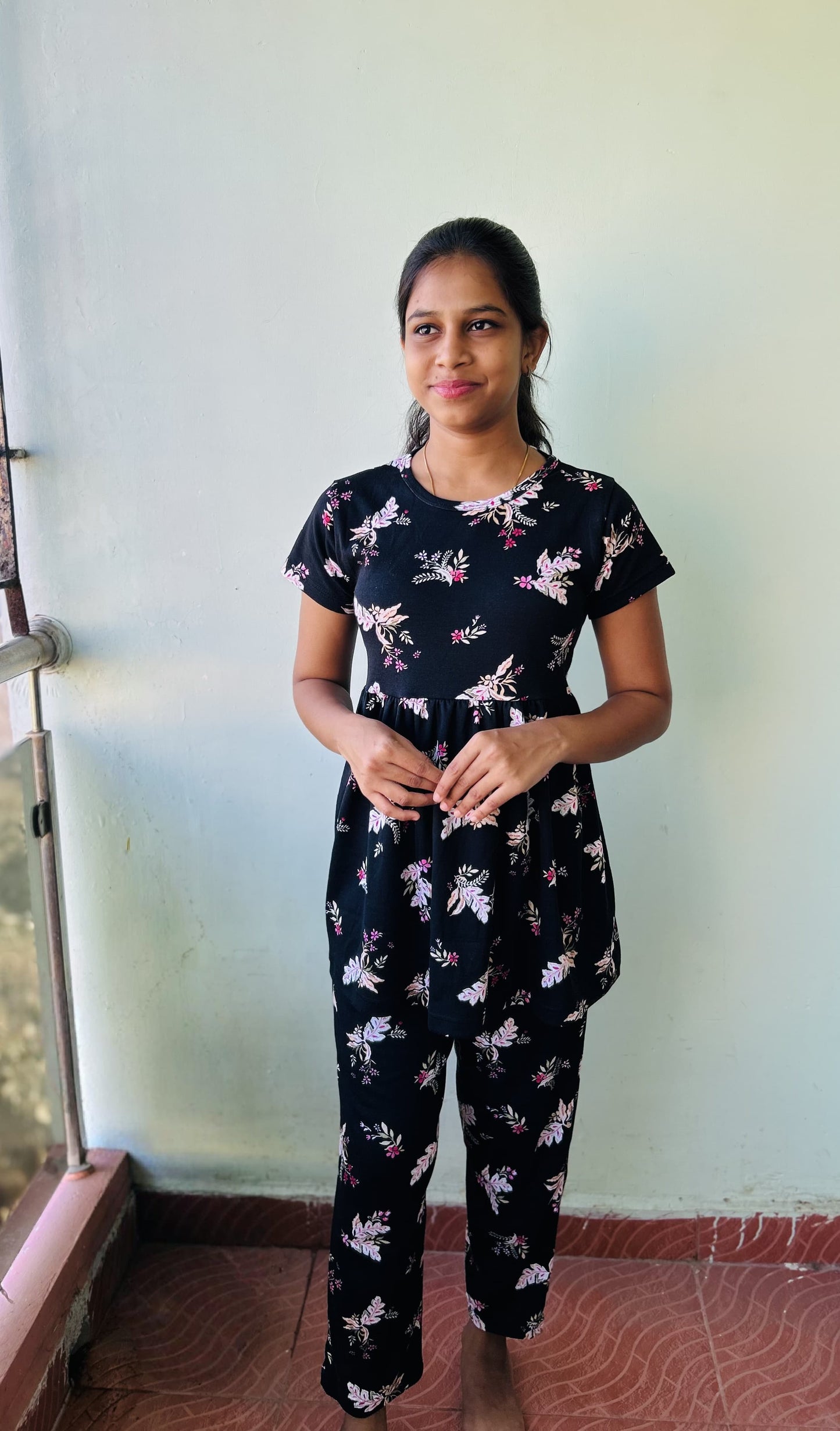 Black With Flower Printed Peplum set