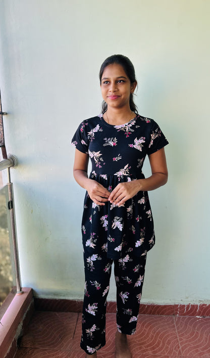 Black With Flower Printed Peplum set