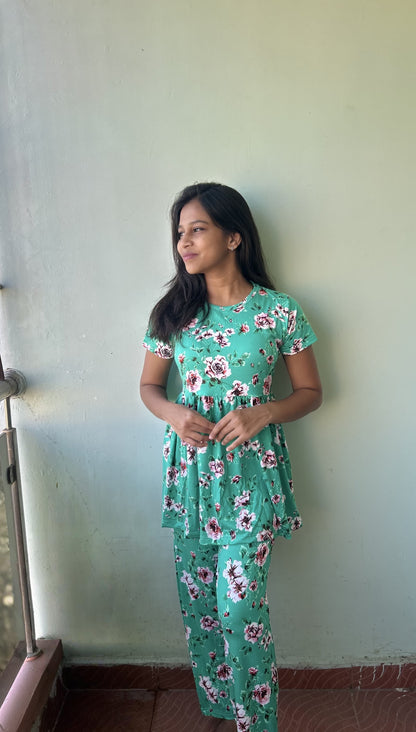 Green With Flower Printed Peplum set