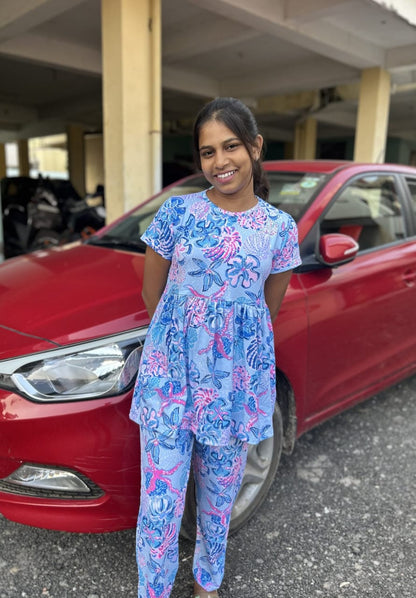 Blue With Pink Flower Printed Peplum set