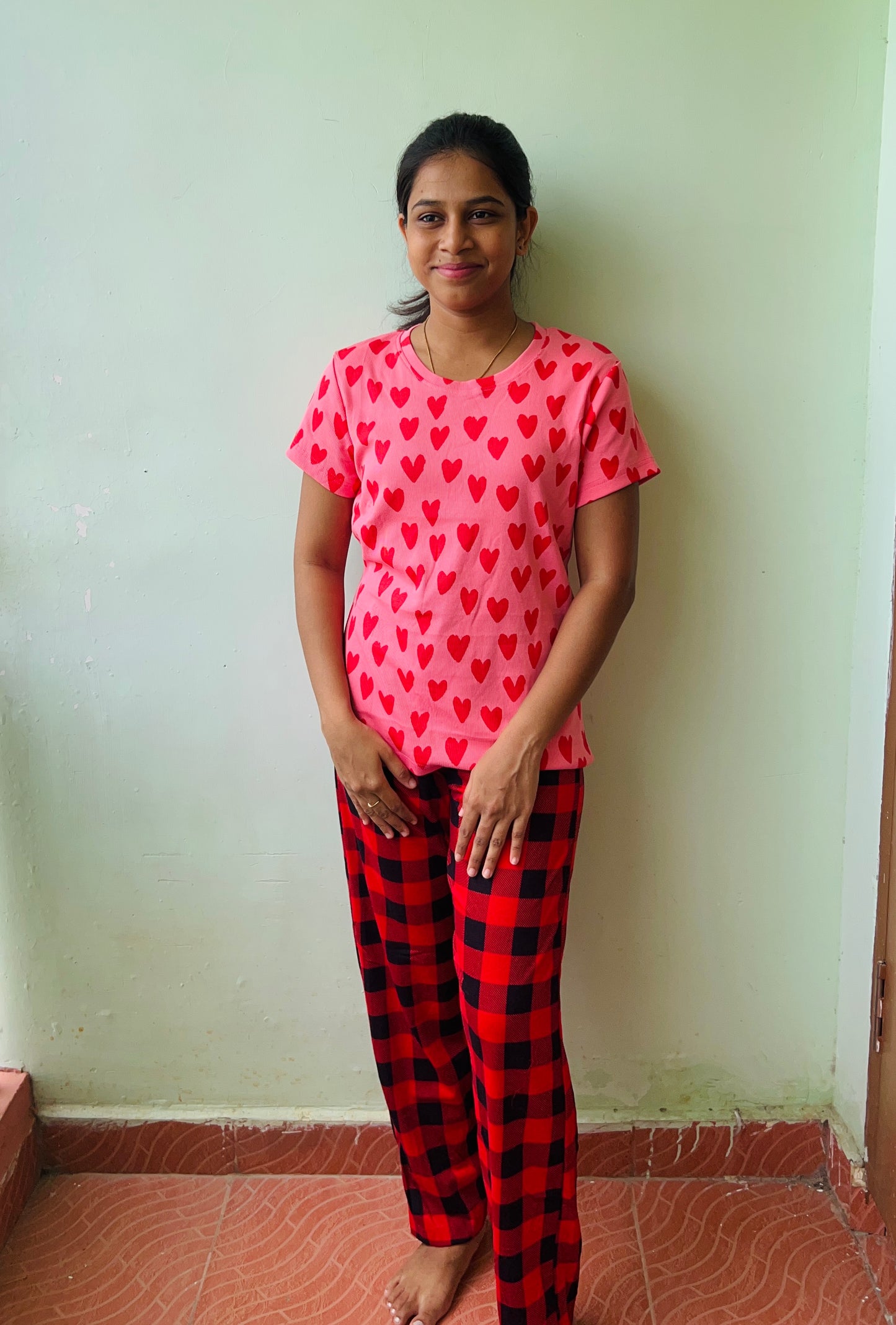 Red Heart Rib Tshirt Womens Co Ord Set
