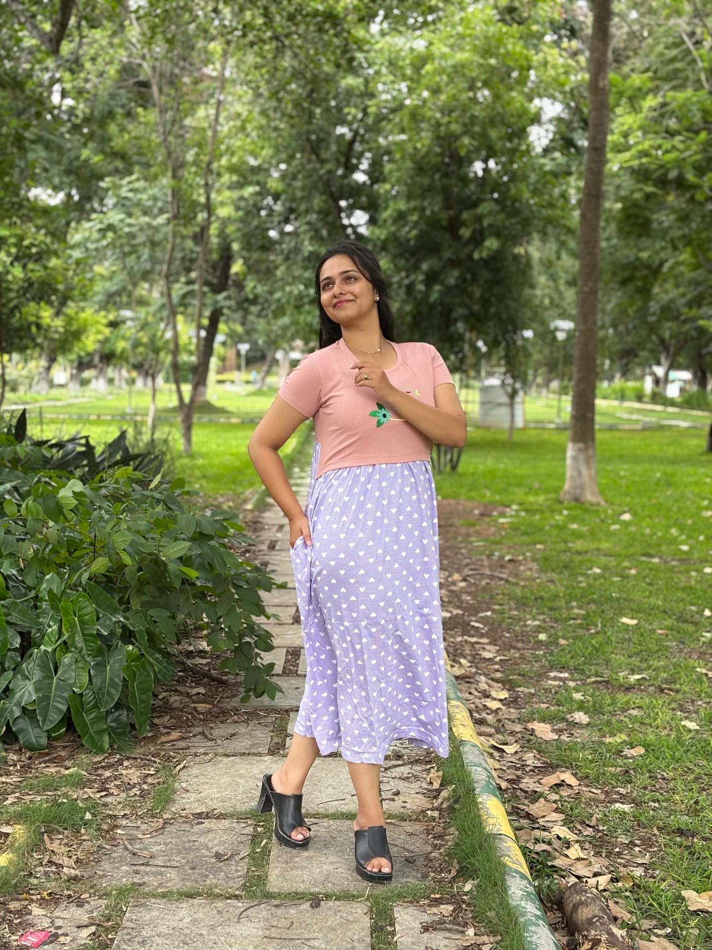 Pink With Purple Heart Dual Colour Feeding Frock