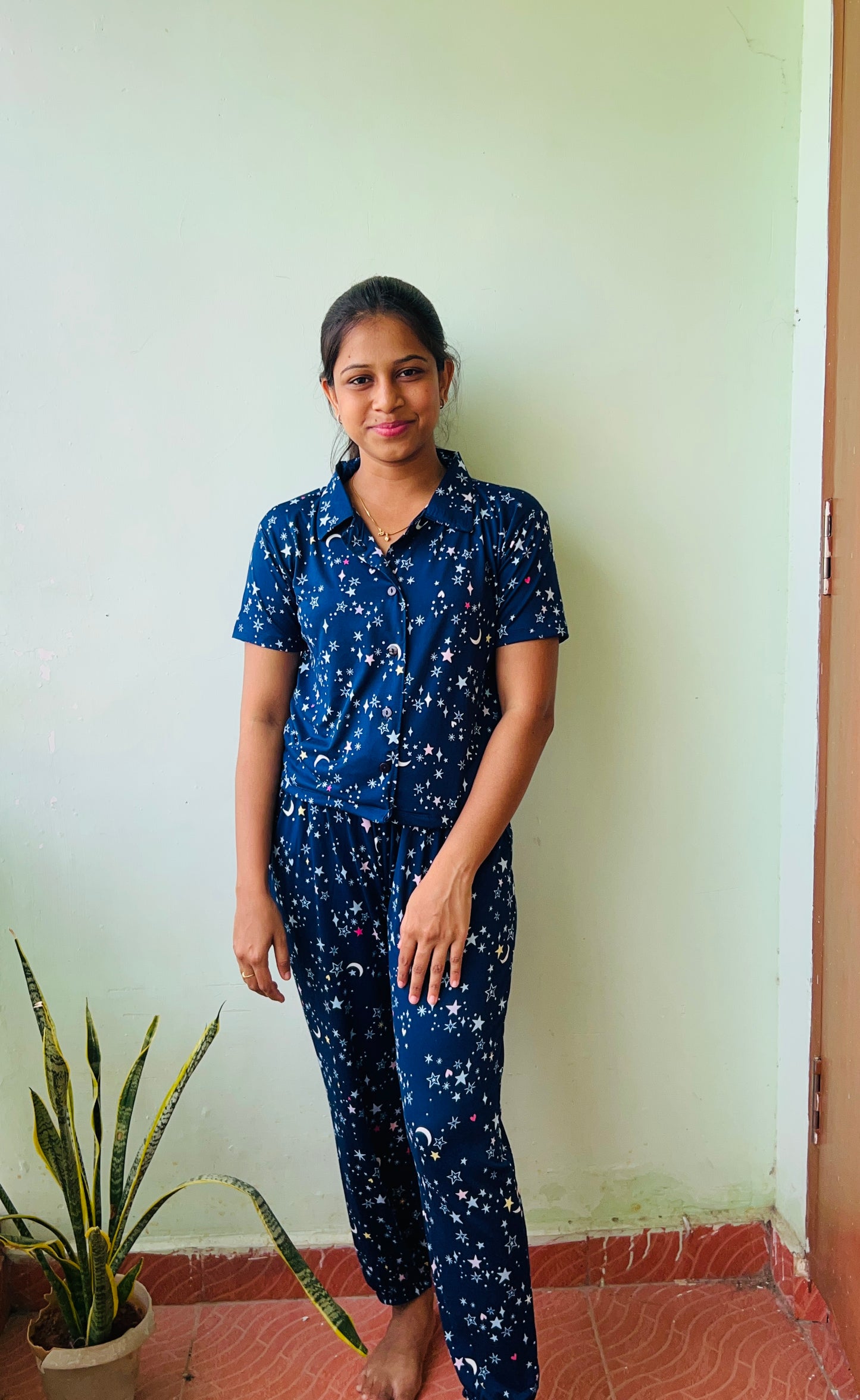 Baby Cotton Blue Night Theme Night Dress With Joggers Pant