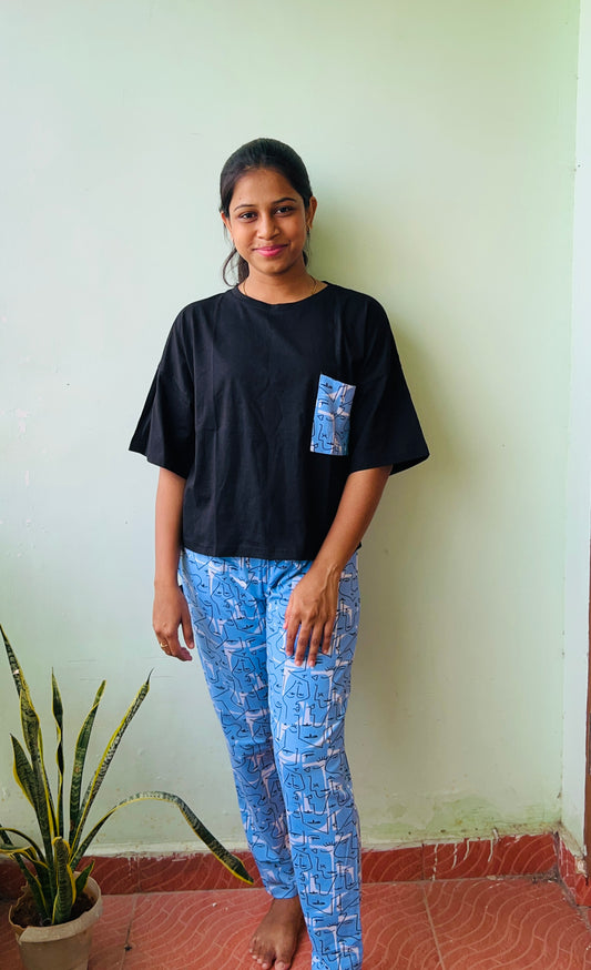 Black Tshirt With Face Pattern Pant Pocket Night Dress