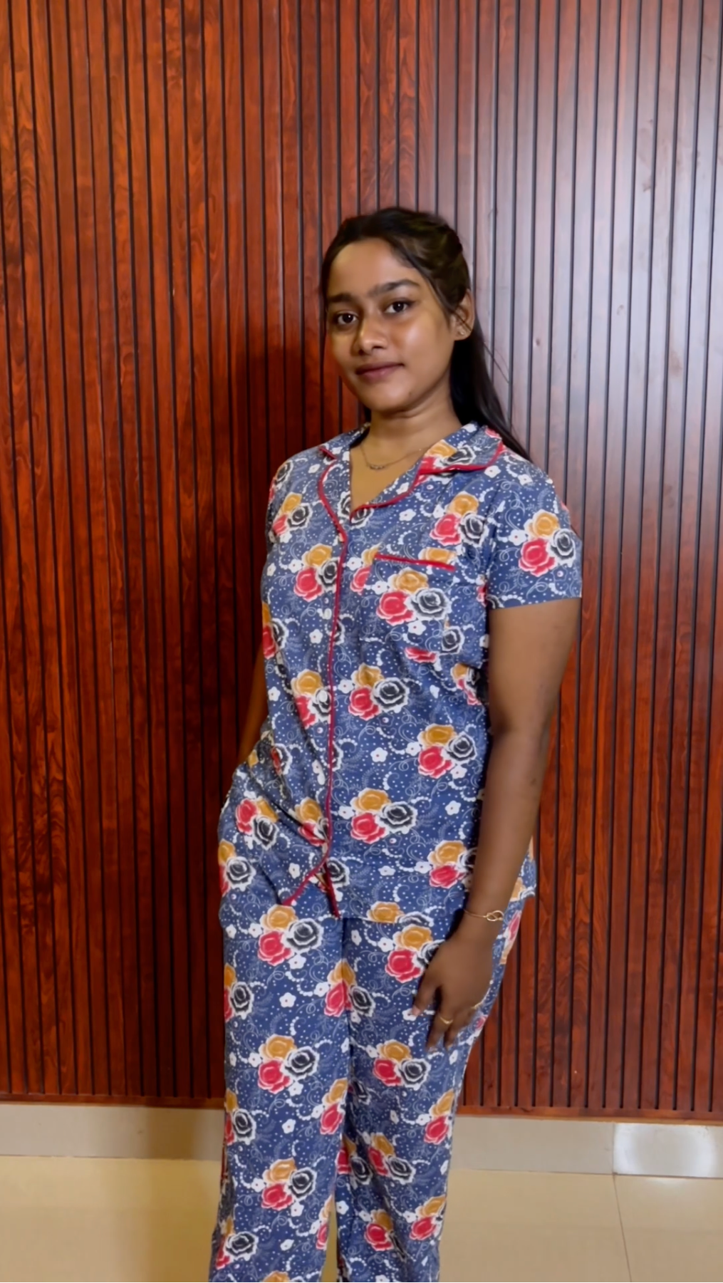 Blue With Floral Red Collar Night Suit