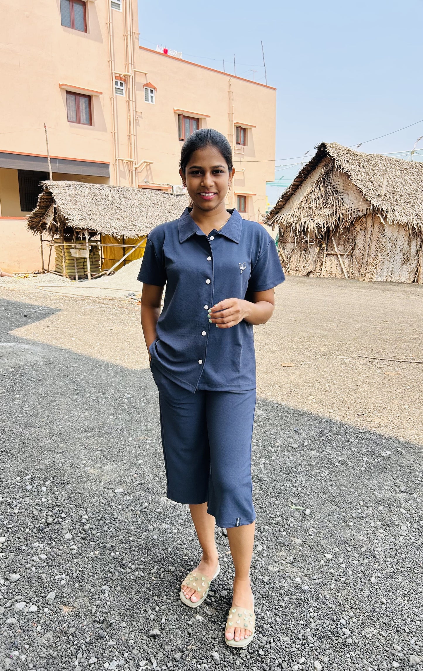 Grey Collar Shirt With 3/4th Pant