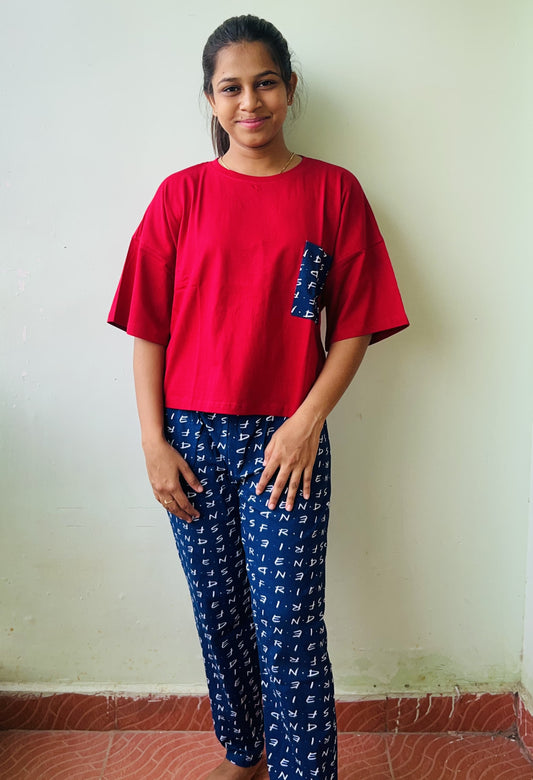 Red With Blue Pant Pocket Night Dress