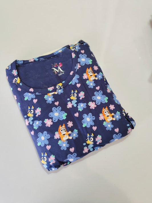 Blue Cartoon Print Shwal Type Feeding Frock (Inner Double Side Zip)