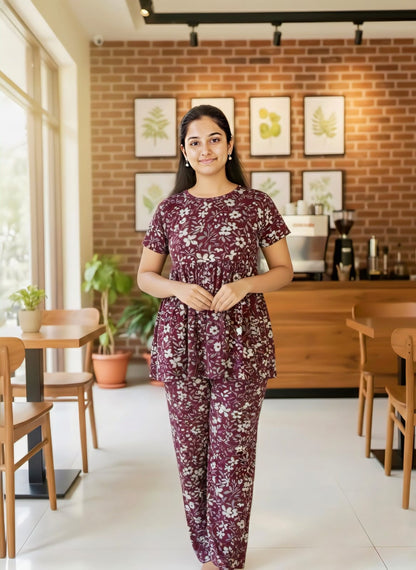 Maroon Floral Feeding Peplum Set