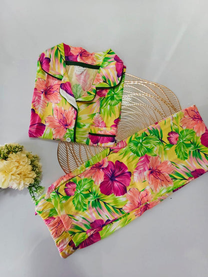 Green With Flower Collar Night Suit