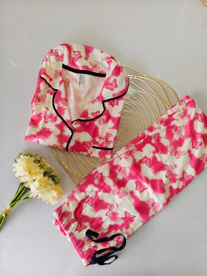 Pink With Butterflies Collar Night Suit
