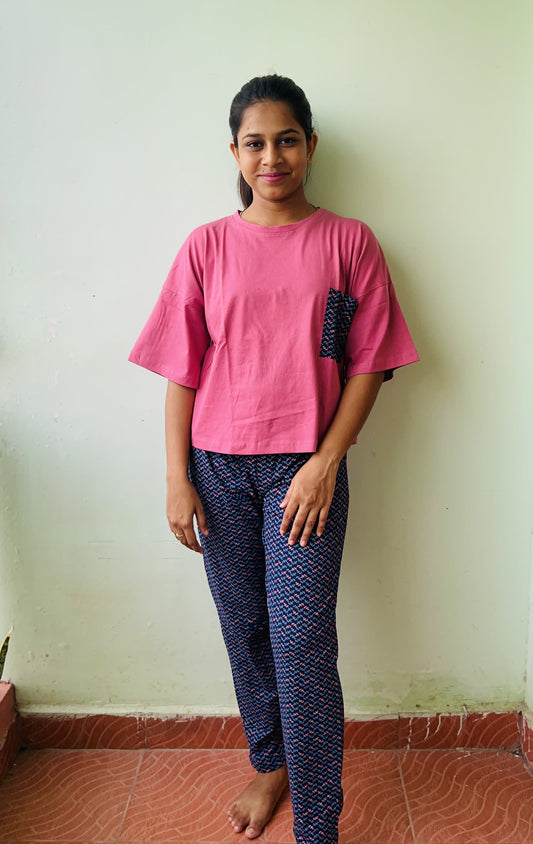 Pink With Blue Pant Pocket Night Dress