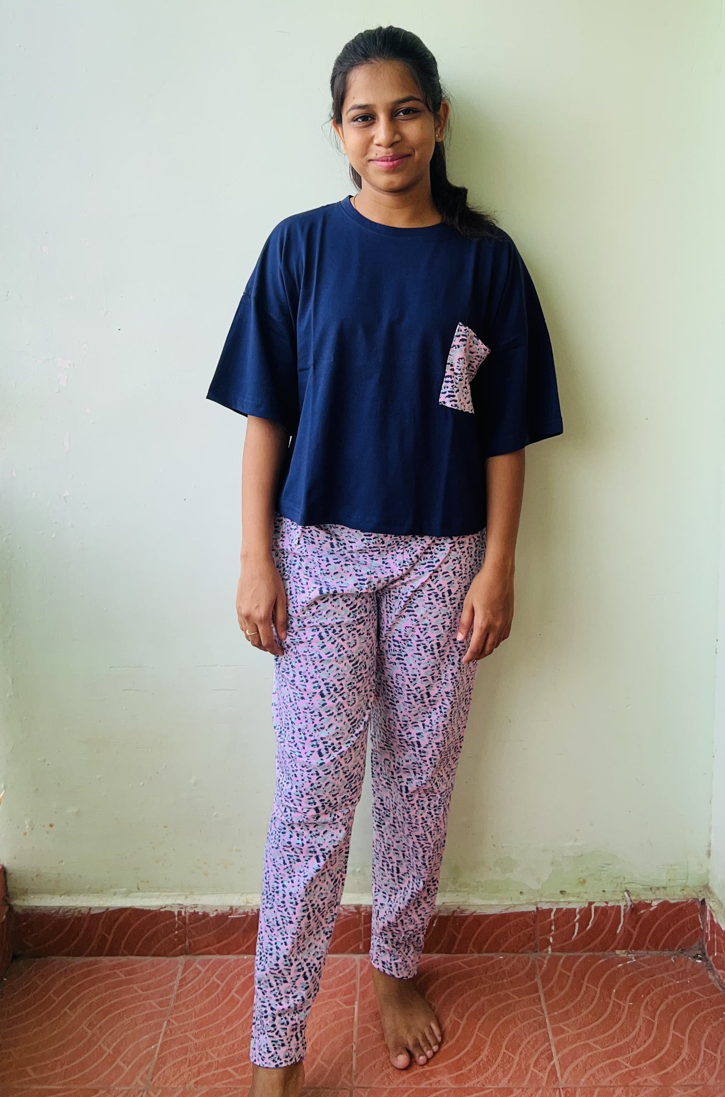 Dark Blue With Violet Pant Pocket Night Dress