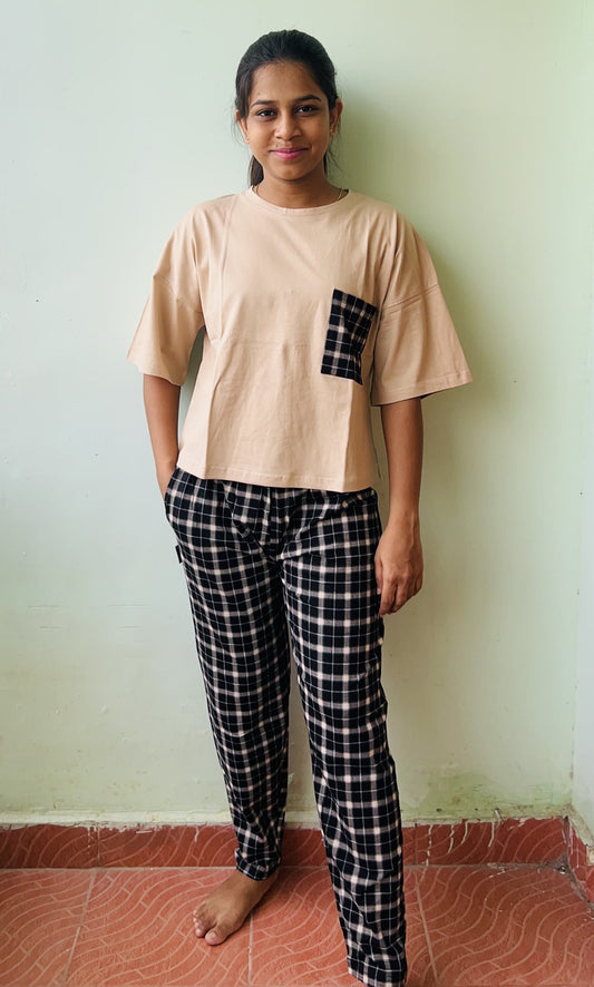 Light Brown With Black Box Pattern Pant Pocket Night Dress
