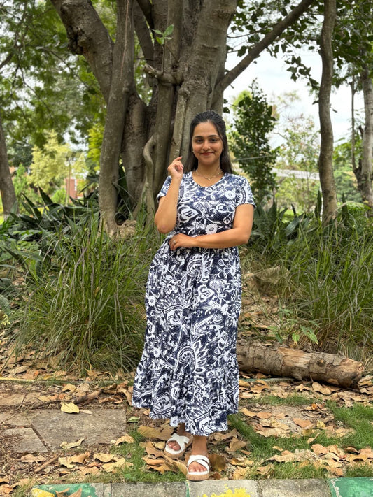 White And Dark Blue Stylish Feeding Frock With ( Inner V Type Feeding )