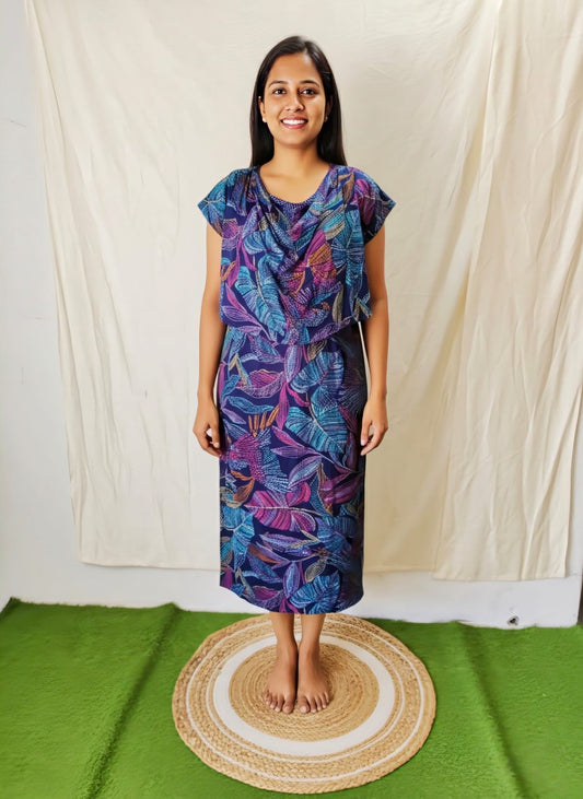 Blue Multicolor Shwal Type Feeding Frock (Inner Double Side Zip)