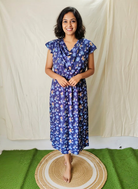 Blue Cartoon Print Shwal Type Feeding Frock (Inner Double Side Zip)