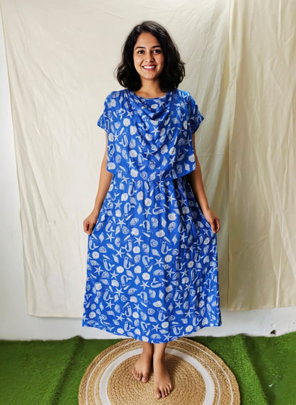 Blue Sea Theme Shwal Type Feeding Frock (Inner Double Side Zip)
