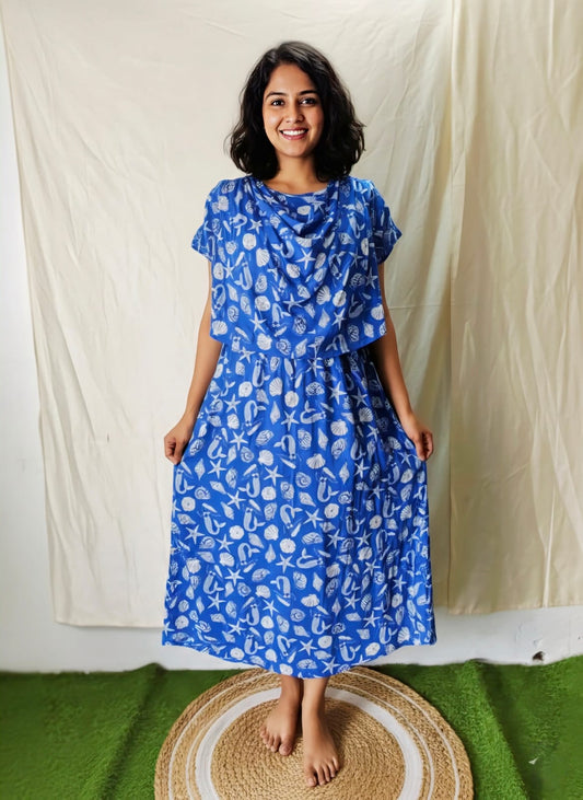 Blue Sea Theme Shwal Type Feeding Frock (Inner Double Side Zip)