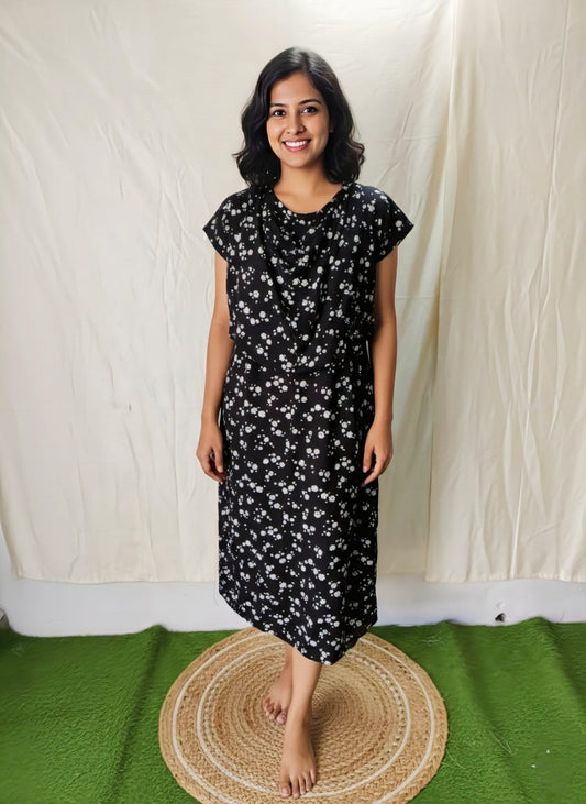 Black Flower Shwal Type Feeding Frock (Inner Double Side Zip)