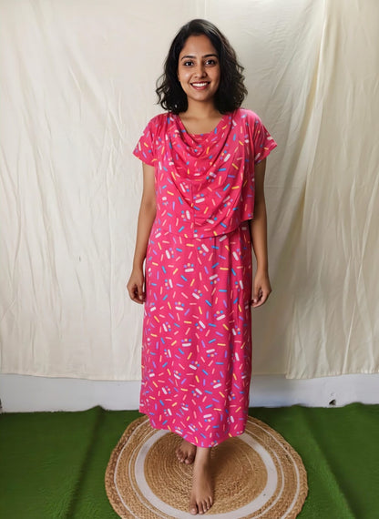 Pink Pattern Shwal Type Feeding Frock (Inner Double Side Zip)
