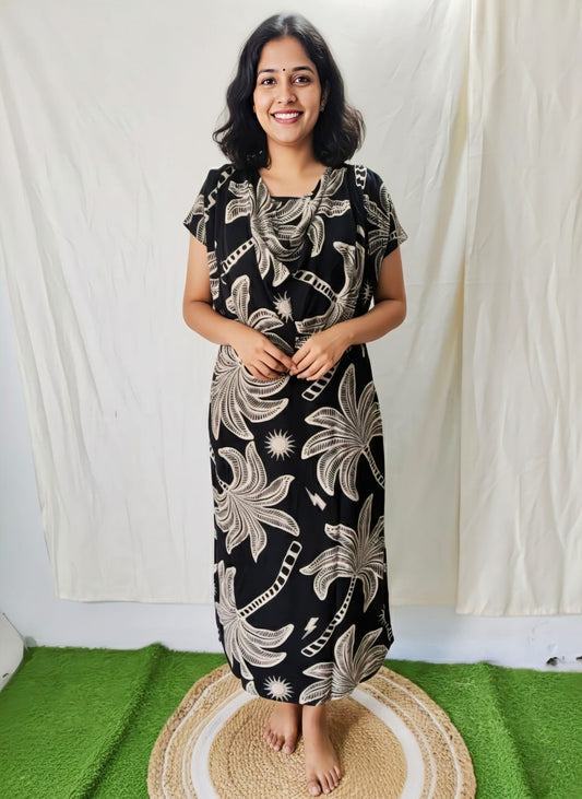 Black With Nature Print Shwal Type Feeding Frock (Inner Double Side Zip)