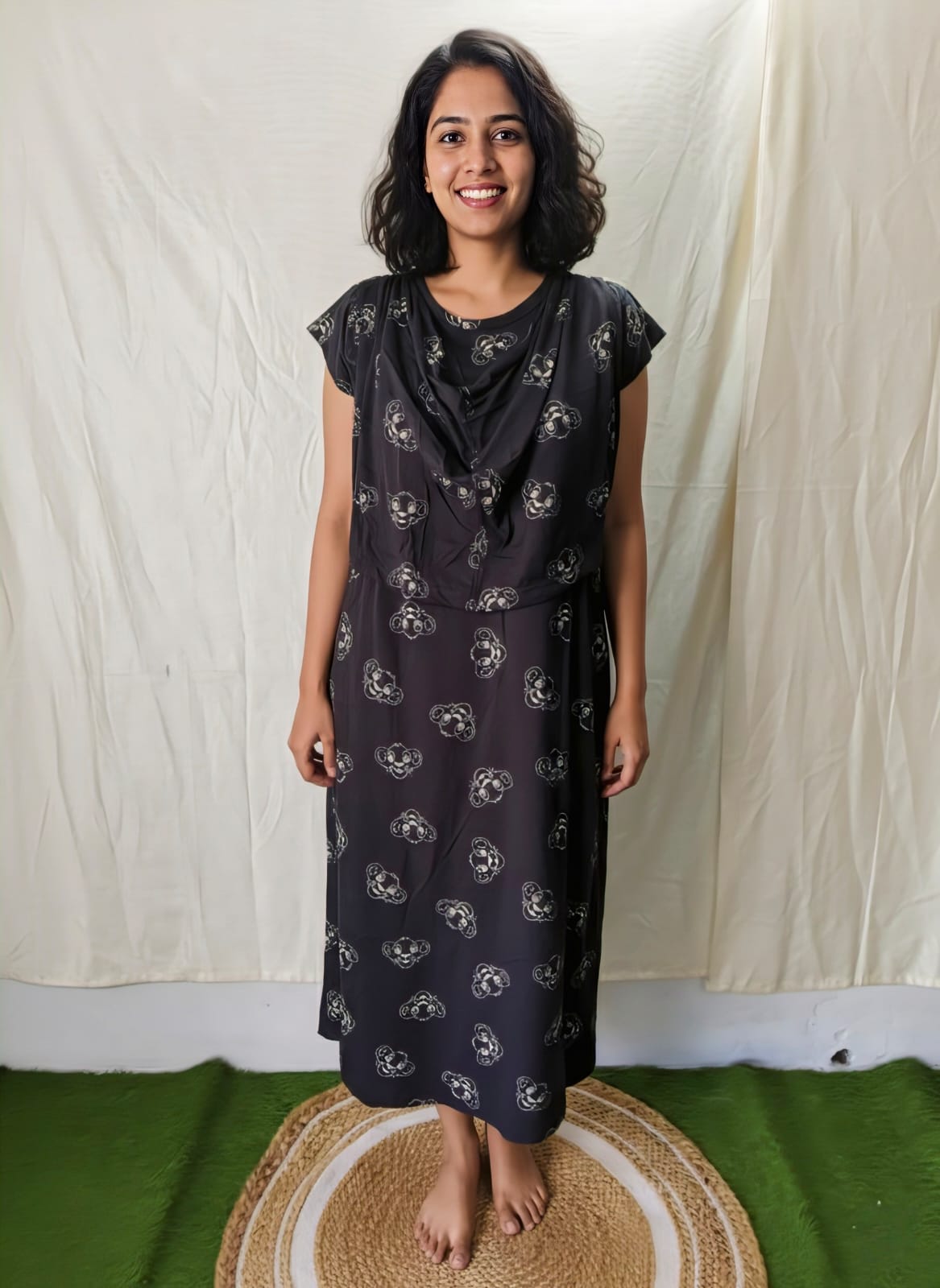 Ash With Lion Print Shwal Type Feeding Frock (Inner Double Side Zip)