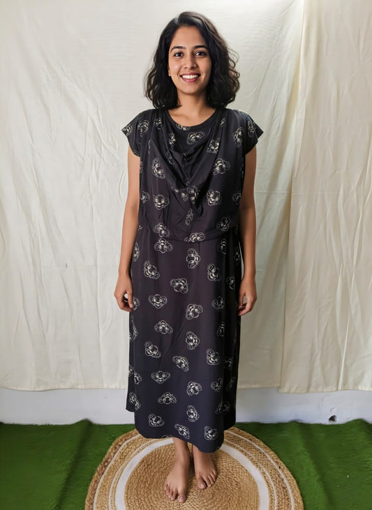 Ash With Lion Print Shwal Type Feeding Frock (Inner Double Side Zip)