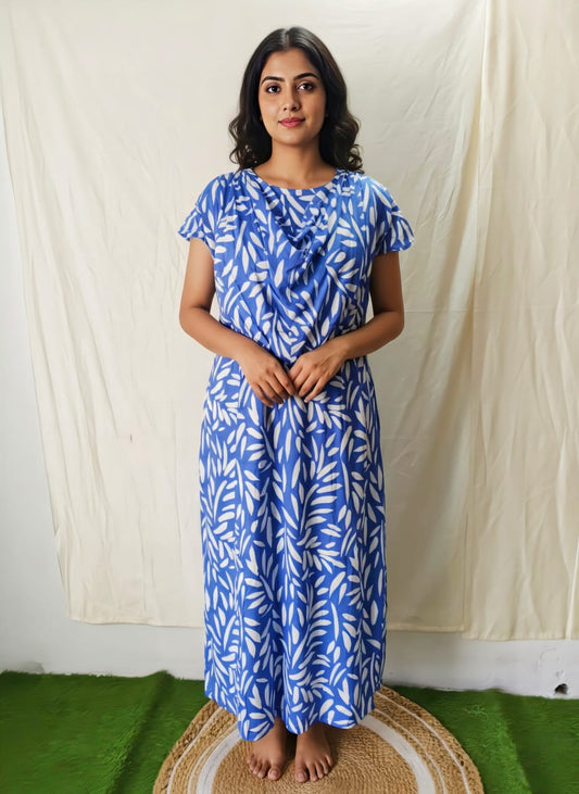 Blue With Leaf Shwal Type Feeding Frock (Inner Double Side Zip)